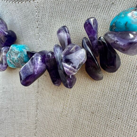 AMETHYST TURQUOISE NATURAL NUGGET necklace STERLING silver clasp - Picture 3 of 10